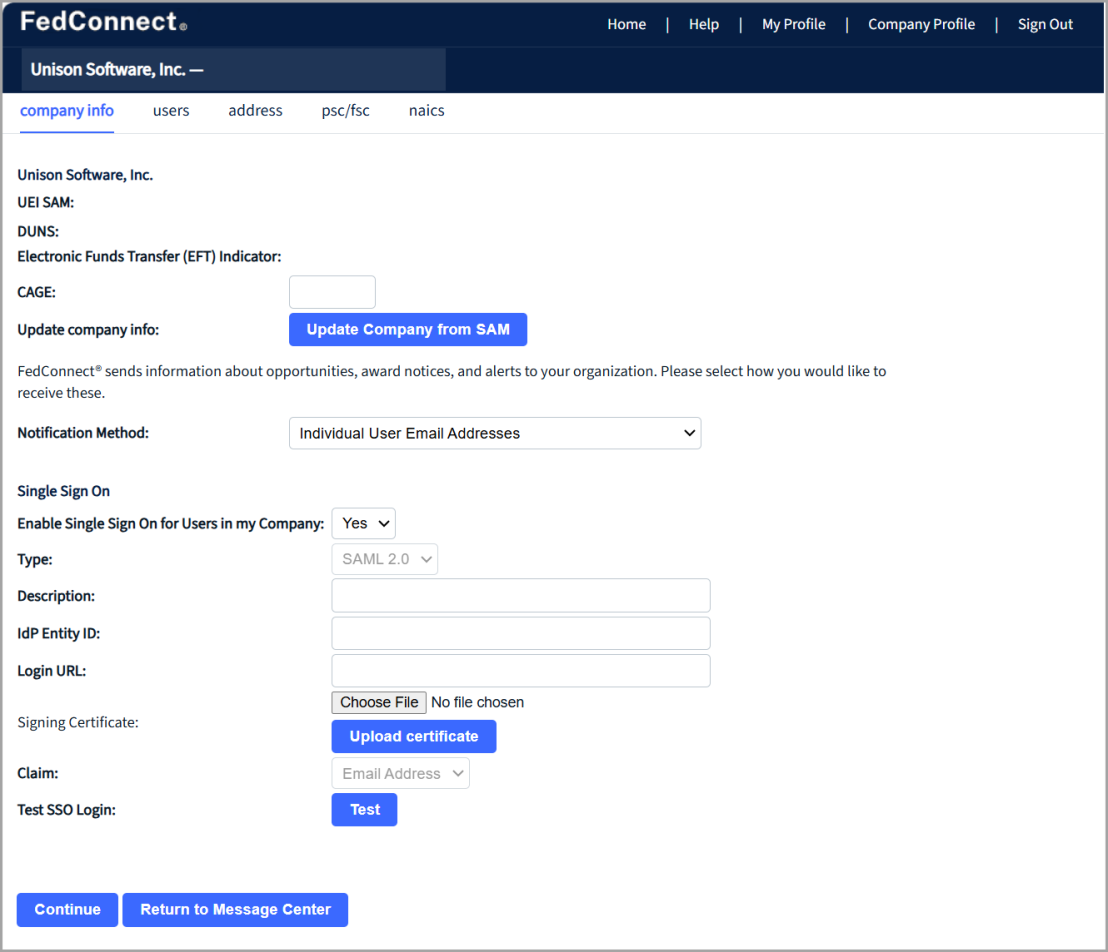 Single Sign On Section on the Company Info Page